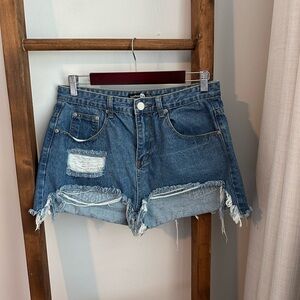 Boohoo Distressed High Rise Denim Shorts
